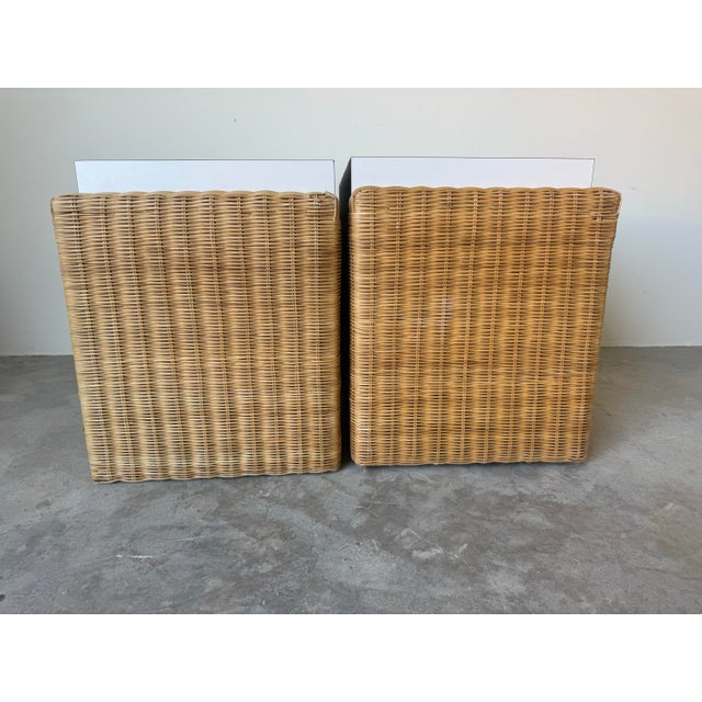 1980’s Vintage Boho Chic Woven Rattan Base Small Nightstands – A Pair For Sale - Image 4 of 12