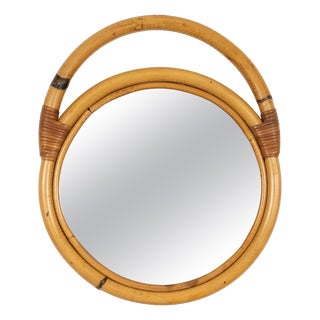 Mid-Century Bamboo and Rattan Round Wall Mirror, Italy, 1970s For Sale