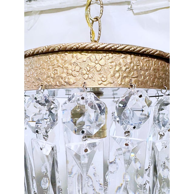 Art Deco Vintage Brass Crystal Basket Chandelier With Ornate Floral Detailing Frame For Sale - Image 3 of 10