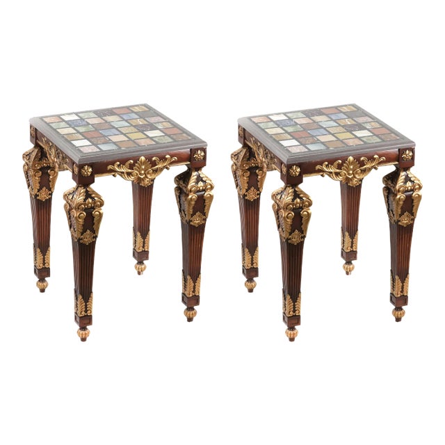 Pair of Vintage French Baroque Gold Sofa Side Tables. With Colored Marble Top - For Sale