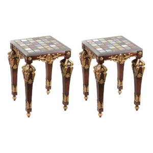 Pair of Vintage French Baroque Gold Sofa Side Tables. With Colored Marble Top -