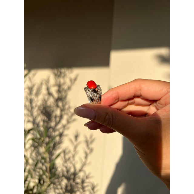 Japanese Red Coral (OX Blood Coral) and Diamond Ring in 18K White Gold, Size 7.5 For Sale - Image 12 of 12