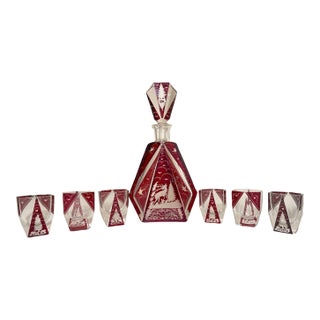 Antique Cut to Clear Crystal Moser Czech Bohemian Red Deco Glass Decanter Set For Sale