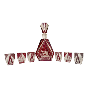 Antique Cut to Clear Crystal Moser Czech Bohemian Red Deco Glass Decanter Set