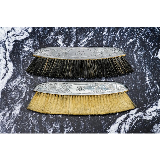 Beautiful Pair Ornate Sterling Silver Antique Clothing Brushes Leather Case Vanity Dresser Home Decor For Sale - Image 9 of 15