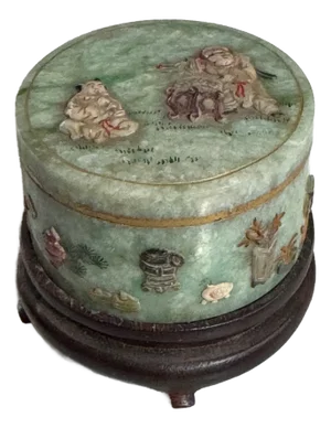 Circa 1900 Republic Era Chinese Apple Green Jadeite & Applique Designs Small Box