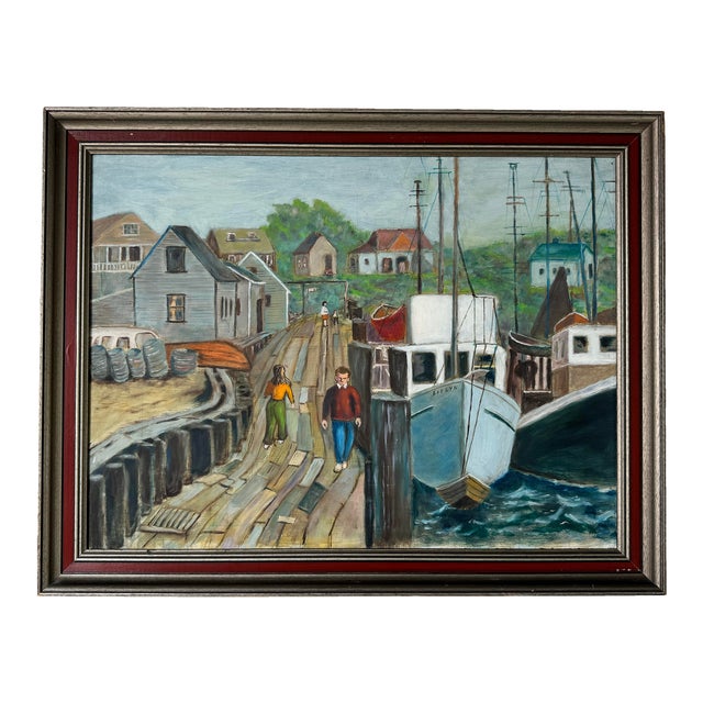 1960's Dan Steinberg Harbor Stroll - Landscape Scene Oil Painting, Framed/ Sold For Sale