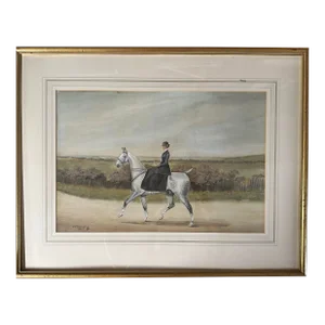 Antique Equestrian Watercolor of an English Lady Riding Side Saddle by h.w. Standing, 1905