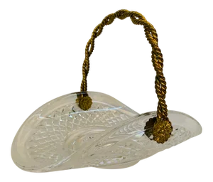 Vintage Mid Century Basket Inspired Cut Crystal Dish With Roped Brass Handle