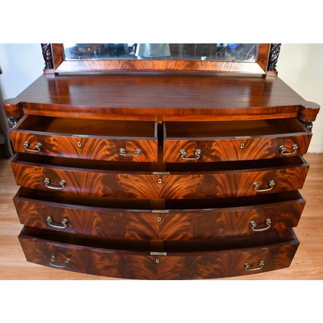 1890s Antique American Empire Book-Match Crotch Mahogany Dresser & Mirror Set For Sale - Image 9 of 18
