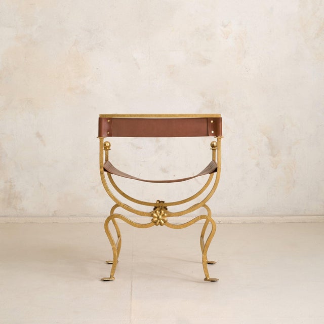 Italian Gold-Leaf + Leather Accent Chair, 1960s - 2 Available For Sale In Chicago - Image 6 of 11