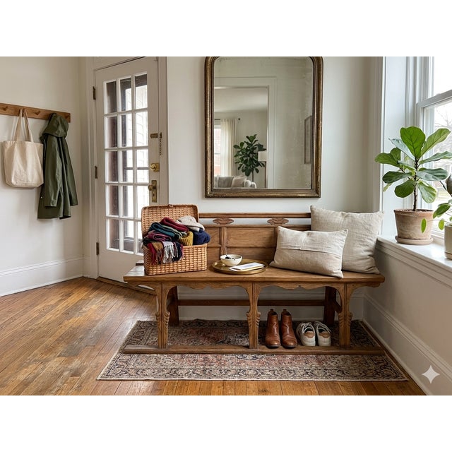 Vintage Rustic Raw Wood Long Sitting Bench With Back For Sale - Image 4 of 9