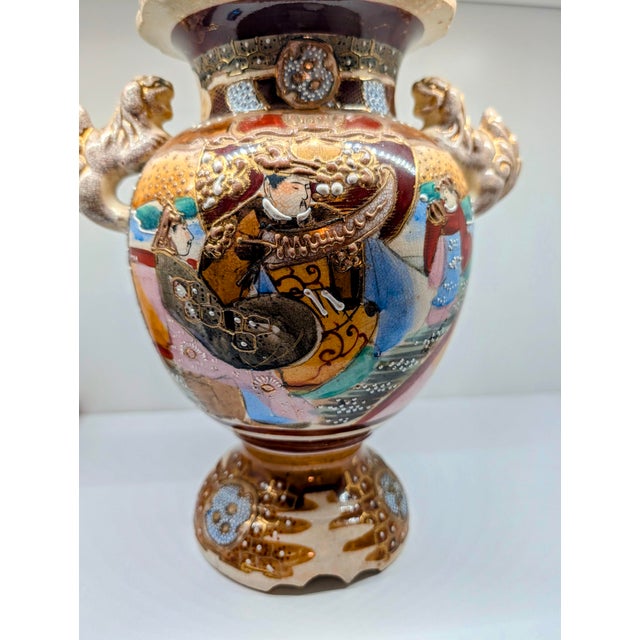 Antique Japanese Satsuma Moriage Vase With Samurai Scene & Figural Handles – 14” For Sale - Image 10 of 18