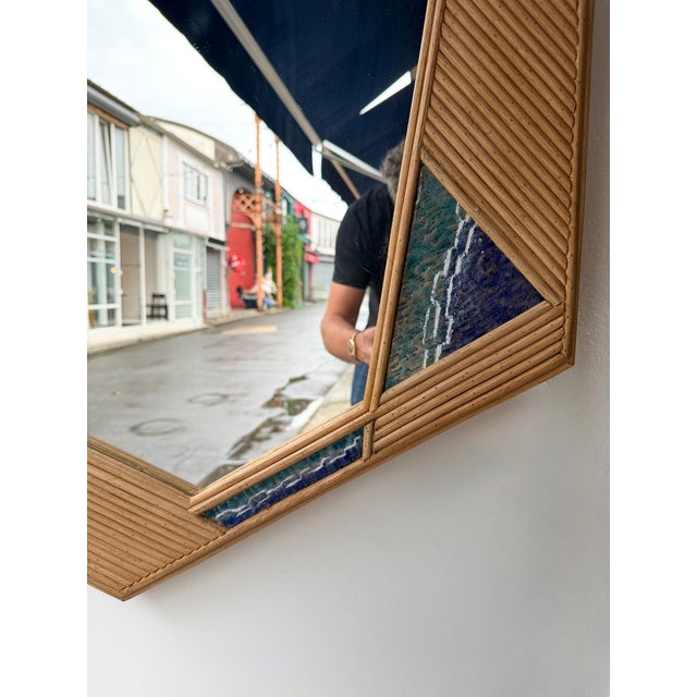 Contemporary Asymmetrical Mirror Rattan Marquetry and Enamel Metal. Italy For Sale - Image 10 of 12