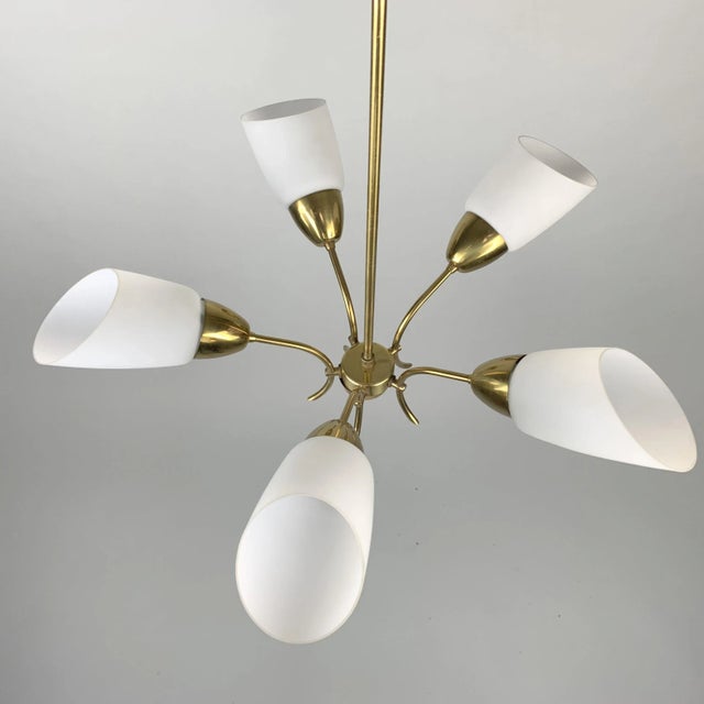 Brass and White Glass Chandelier, 1980s For Sale - Image 4 of 8