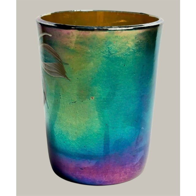 Art Nouveau Small Antique Highly Iridescent Art Nouveau Glass Vase W/ Enameled Floral Decor For Sale - Image 3 of 8