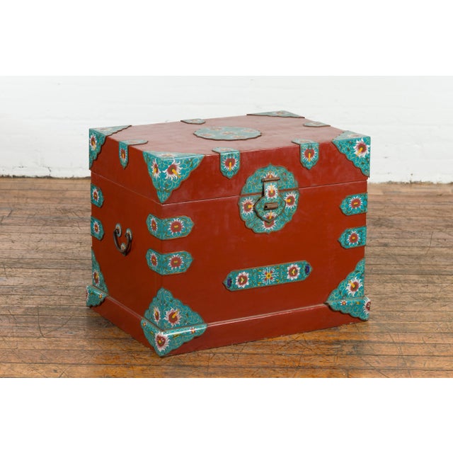 Chinese Chinese Vintage Blanket Chest with Red Lacquer and Cloisonné Floral Décor For Sale - Image 3 of 13
