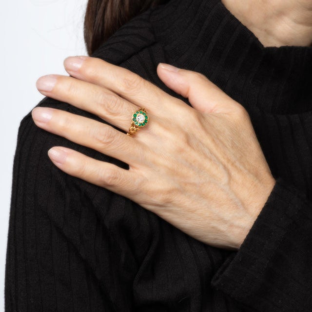 Antique Mid Victorian Ring Diamond Emerald 18k Yellow Gold Sz 6.75 Jewelry For Sale In Los Angeles - Image 6 of 6