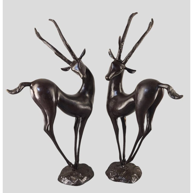 Vintage Pair of Mid 20th Century Art Deco Mid-Century Modern Bronze Graceful Antelope Deer Sculptures For Sale - Image 12 of 12