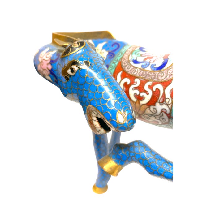 Vintage Chinese Cloisonné Horse Figurine Enamel Brass Statue Blue Red Gold 8.5" For Sale - Image 10 of 15