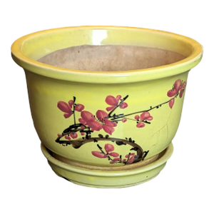 Mid 20th Century Green Chinoiserie Planter With Hand Painted Peach Blossom
