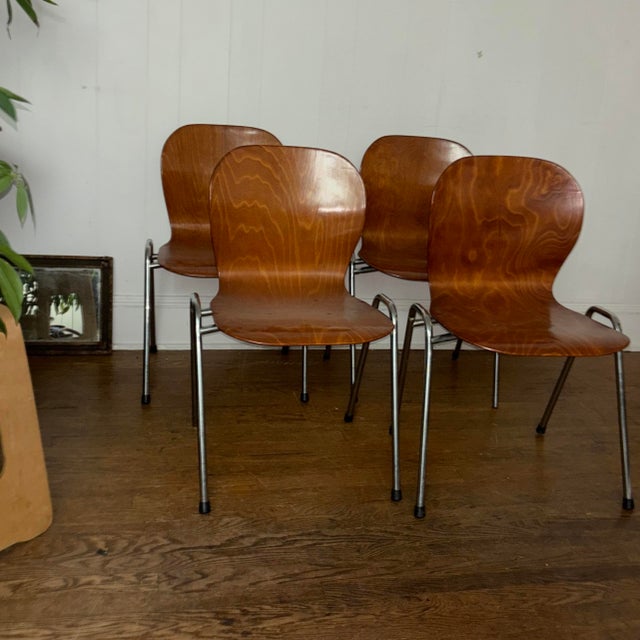 Vintage Bentwood Stacking Chairs – Danish Modern Style, Chrome Frame (Set of 4) For Sale - Image 11 of 11