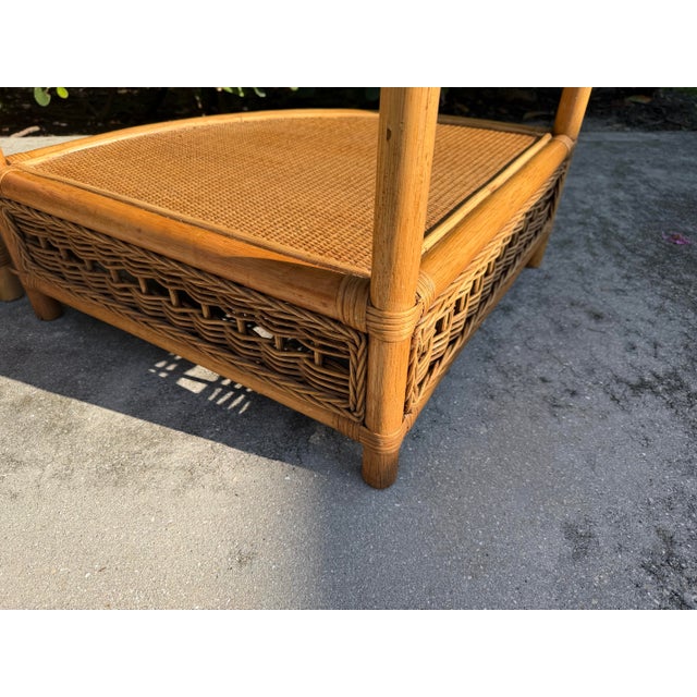 Vintage Tall Palm Beach Coastal Woven Rattan Corner Étagères, Pair For Sale - Image 11 of 12