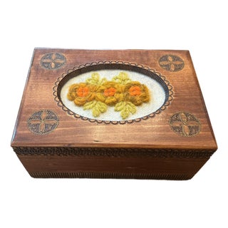 Mid 20th Century Hand-Carved Polish Wood Jewelry Box With Wool Needlepoint Inse For Sale