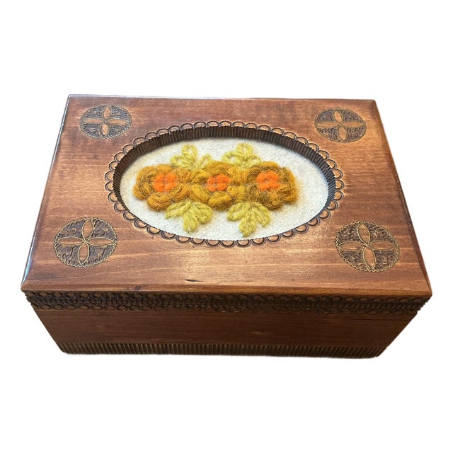 Mid 20th Century Hand-Carved Polish Wood Jewelry Box With Wool Needlepoint Inse For Sale