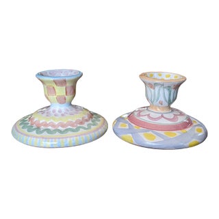 Vintage 1990s Mackenzie Childs Ceramic Candle Holders- a Pair For Sale