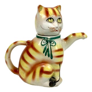 1920s Chinese Porcelain Tabby Cat Tea Pot For Sale