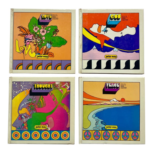 1970 Peter Max First Edition Books ~ Peace ~ Love ~ Thought ~ God - Set of Four For Sale
