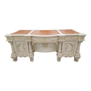 Vintage Custom Venetian Antique Rococo Style Antique White Carved Executive Desk For Sale