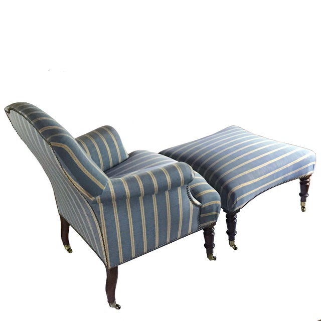 Vintage French Napoleon III Curved Back Armchair With Matching Ottoman Covered With Osborne & Little Mid Blue & Yellow Striped Silk Moiré. For Sale - Image 4 of 13