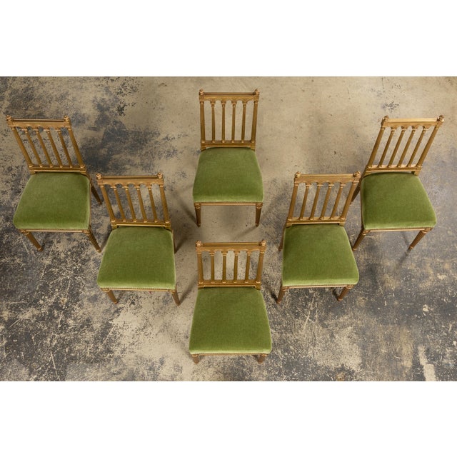 French Antique French Louis XVI Style Giltwood Dining Chairs in Green Mohair, Set of 6 For Sale - Image 3 of 18