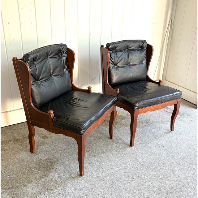 1950s Midcentury Black Leather/Wood Tufted Side Chairs - Pair For Sale - Image 5 of 10