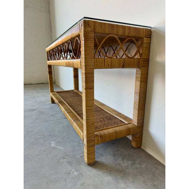 Mid-Century Modern Vintage Coastal Rattan Two-Tier Console Table With Glass Top/Sold For Sale - Image 3 of 12