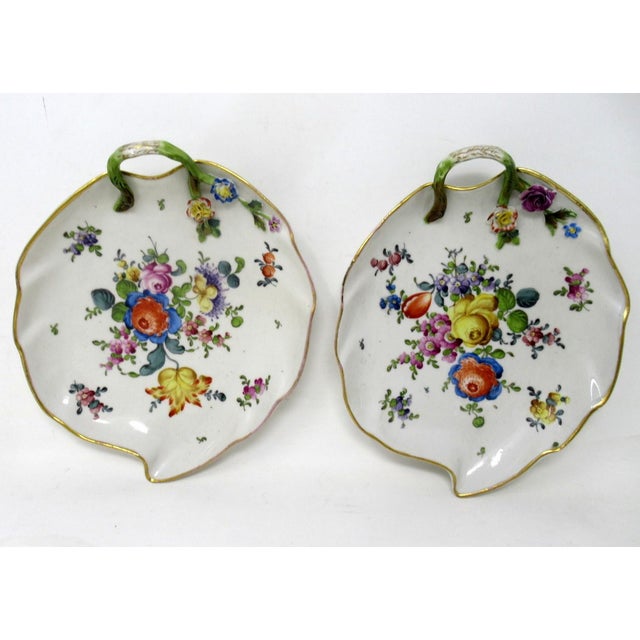 Meissen Porcelain Antique Pair German Dresden Meissen Still Life Flowers Cabinet Leaf Form Plates For Sale - Image 4 of 9
