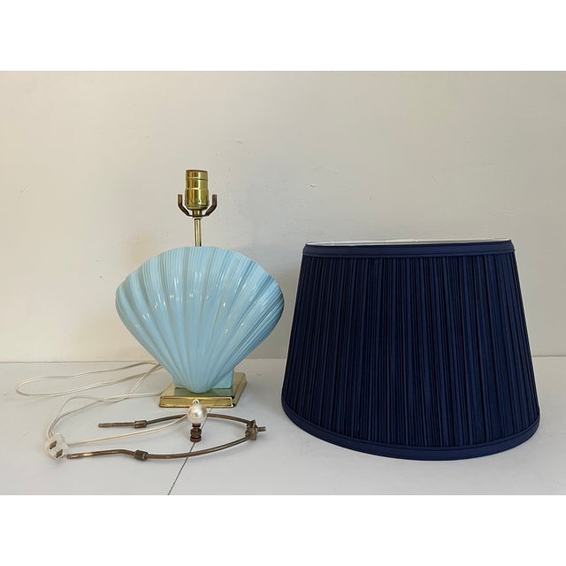 Sky Blue Ceramic Shell Lamp & Shade, C1970 For Sale - Image 12 of 12