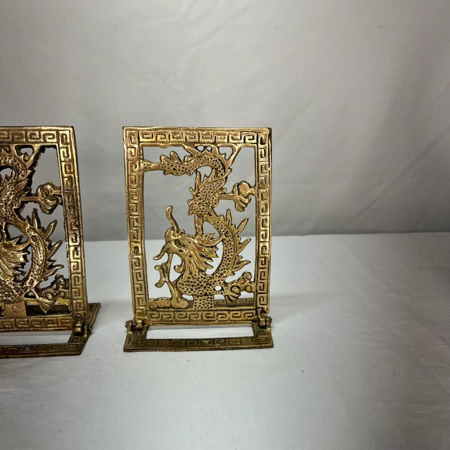 Vintage Dragon Design Brass Chinoiserie Bookends With Greek Key Border For Sale - Image 4 of 7