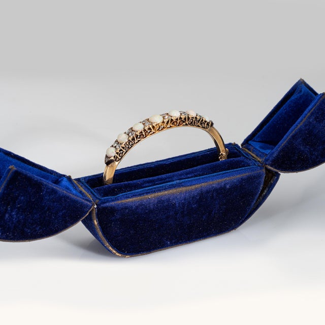 Metal Antique Victorian Opal Diamond Bangle Bracelet 14k Yellow Gold Fine Jewelry For Sale - Image 7 of 8