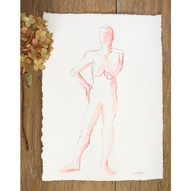 2020s Deep Red Standing Female Nude Watercolor Painting For Sale - Image 5 of 6