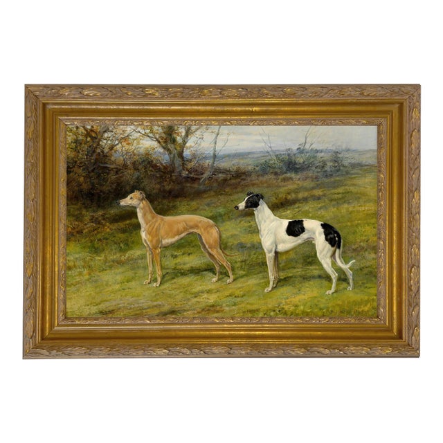 Heywood Hardy Greyhound Painting Reproduction Print on Canvas, 15x23.5", Antiqued Gold Gesso Frame For Sale