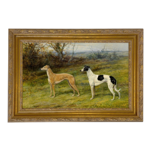 Heywood Hardy Greyhound Painting Reproduction Print on Canvas, 15x23.5", Antiqued Gold Gesso Frame
