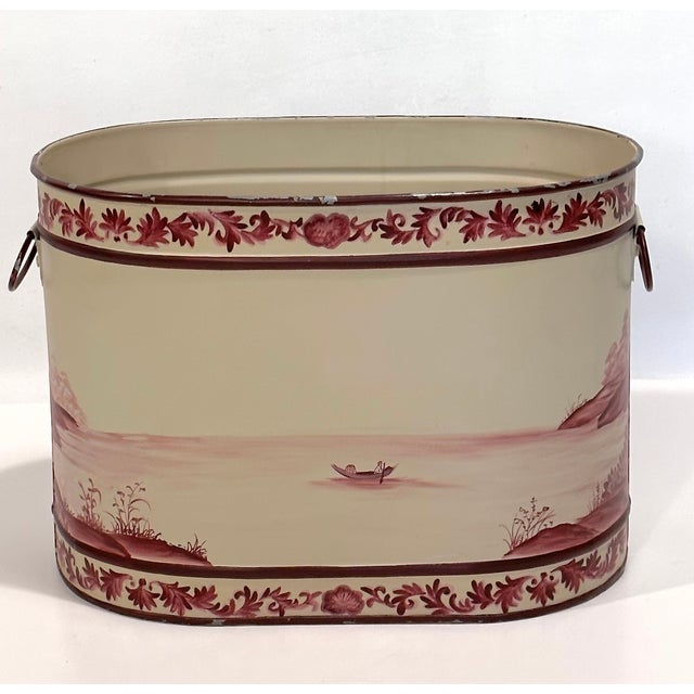1980s Toile Hand Panted French Style Metal Container Cachepot Planter For Sale In Atlanta - Image 6 of 12