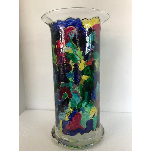 1990s 1990s Tall Cylinder Multicolor One of a Kind Hand Painted Vase, Signed by Monique Nichols For Sale - Image 5 of 12
