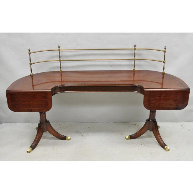 Antique Sheraton Style Mahogany Duncan Phyfe Double Pedestal Dropleaf Sideboard Console Buffet Table with Tall Brass...