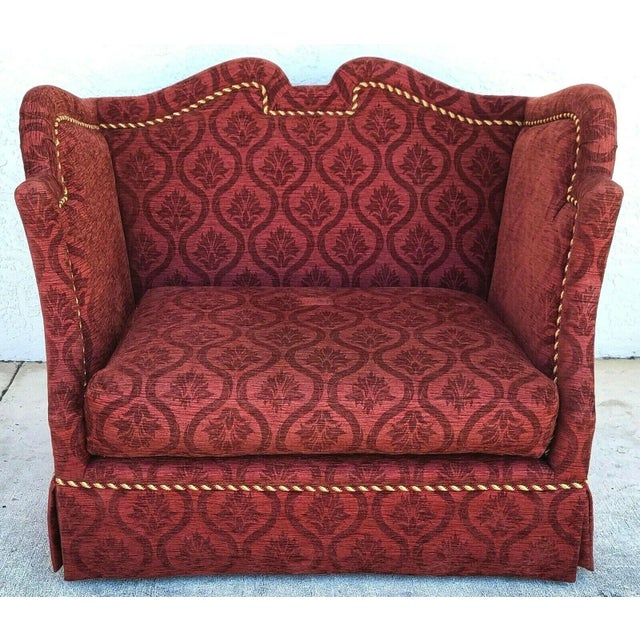 Marge Carson Oversized Marge Carson Damask Wingback Chair Settee & Ottoman For Sale - Image 4 of 9