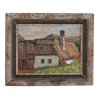 Early 20th Century Oil Painting European Barn Landscape in Faux Bois Frame For Sale