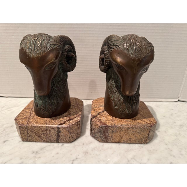 Theodore Alexander Handsome Pair of Ram’s Head Bookends on Marble Plinths For Sale - Image 4 of 8